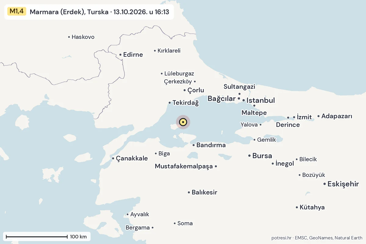 Karta: šire područje, 600 km, potres M1,4, Marmara (Erdek), Turska, 13.10.2026.