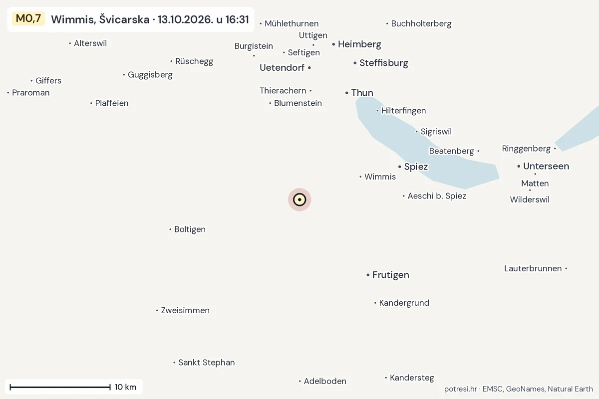 Karta: okolica epicentra, 60 km, potres M0,7, Wimmis, Švicarska, 13.10.2026.