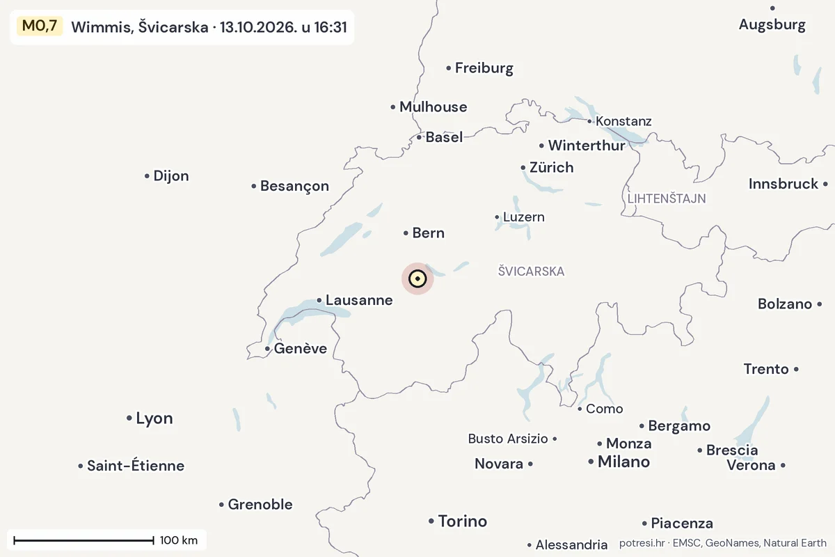 Karta: šire područje, 600 km, potres M0,7, Wimmis, Švicarska, 13.10.2026.