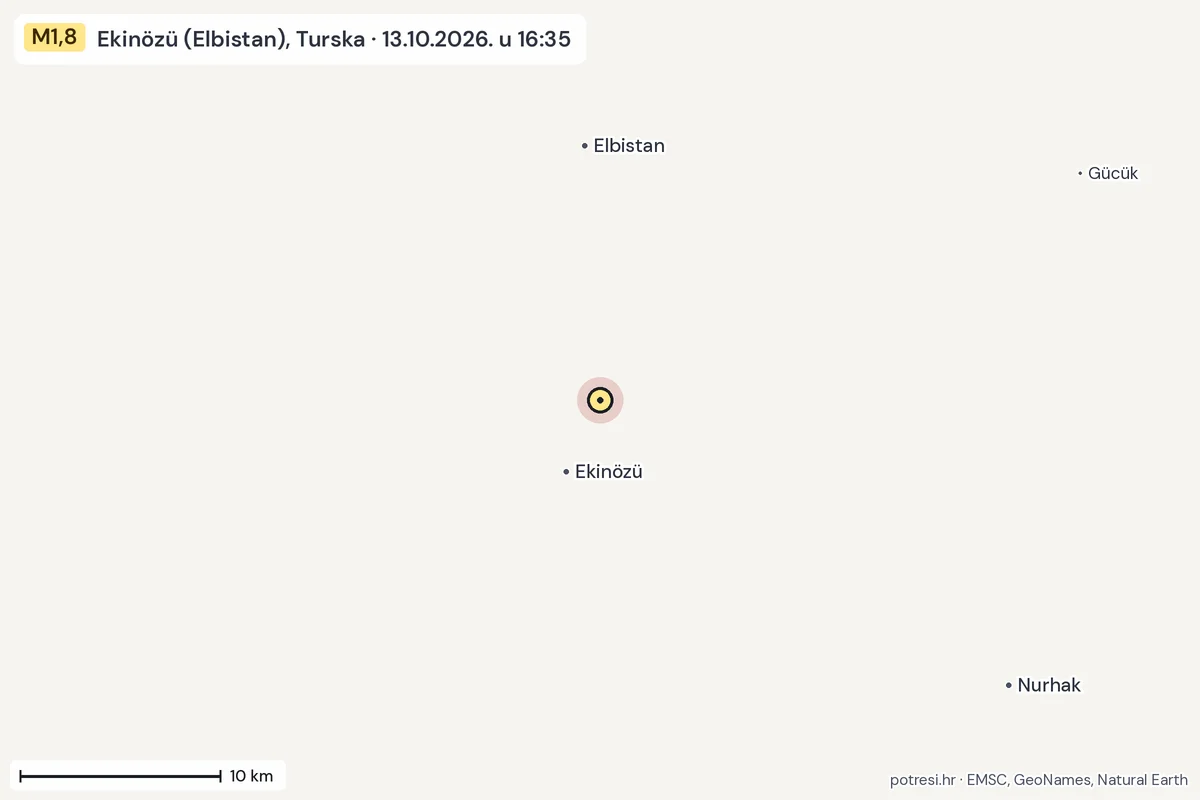 Karta: okolica epicentra, 60 km, potres M1,8, Ekinözü (Elbistan), Turska, 13.10.2026.