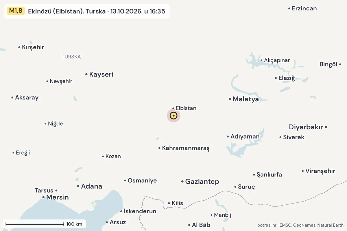 Karta: šire područje, 600 km, potres M1,8, Ekinözü (Elbistan), Turska, 13.10.2026.