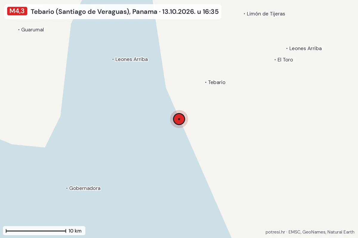 Karta: okolica epicentra, 60 km, potres M4,3, Tebario (Santiago de Veraguas), Panama, 13.10.2026.