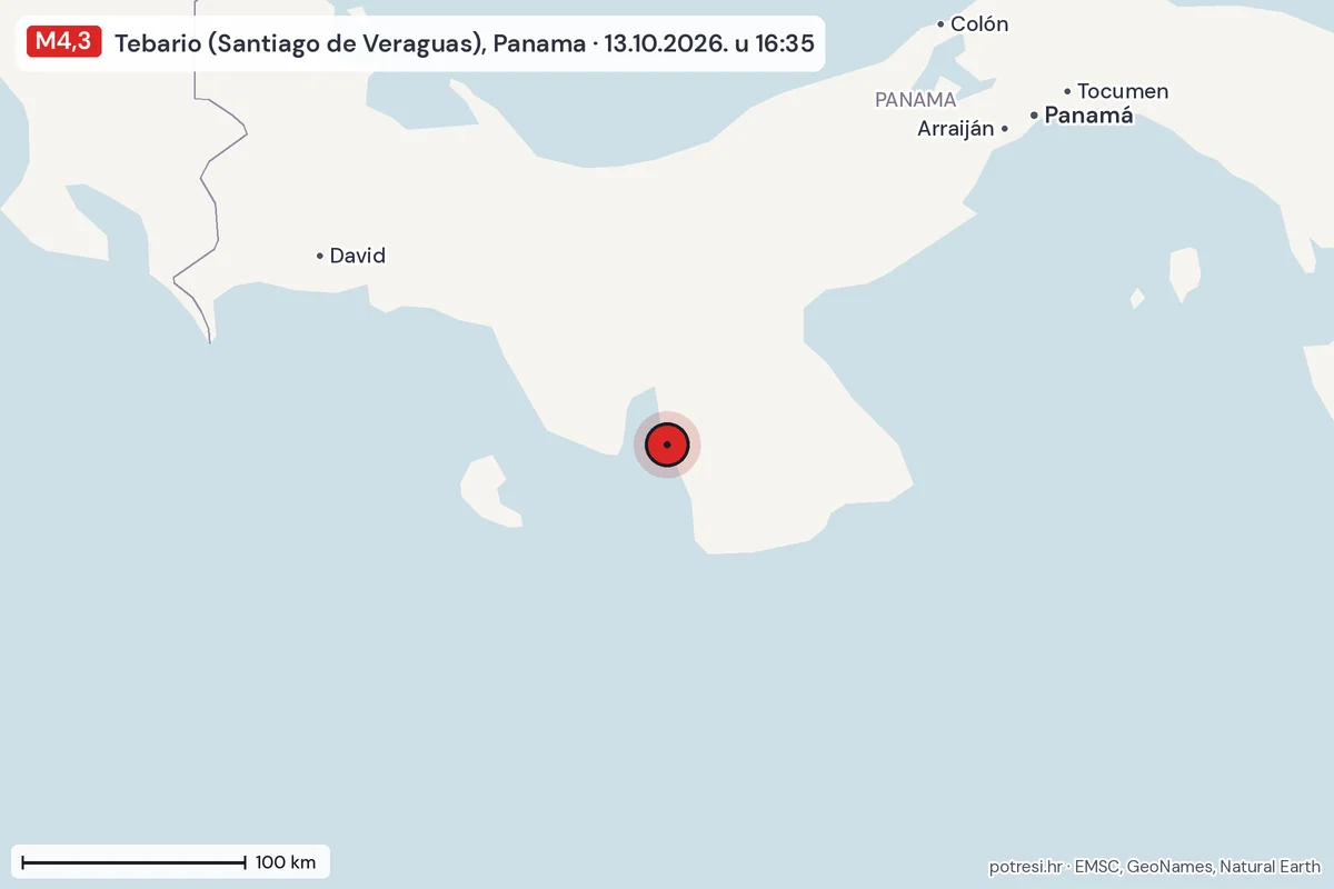 Karta: šire područje, 600 km, potres M4,3, Tebario (Santiago de Veraguas), Panama, 13.10.2026.