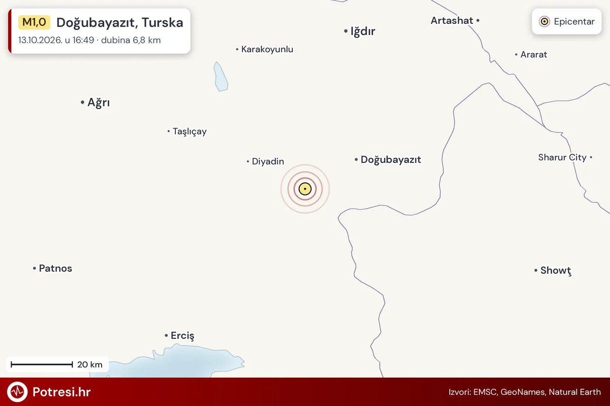 Karta: šire područje i vjerojatni doseg osjeta, potres M1,0, Doğubayazıt, Turska, 13.10.2026.
