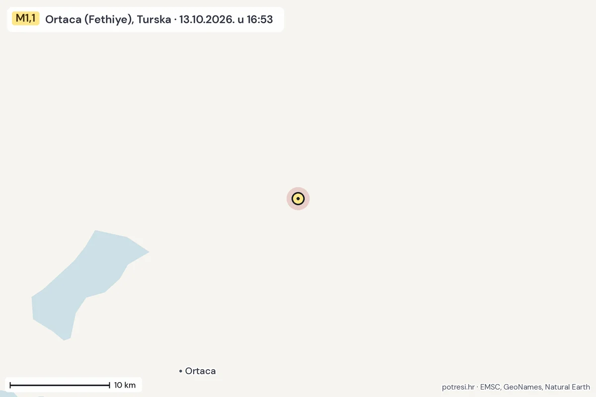 Karta: okolica epicentra, 60 km, potres M1,1, Ortaca (Fethiye), Turska, 13.10.2026.