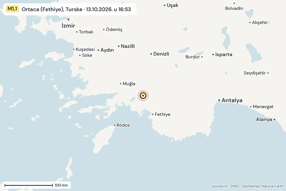 Karta: šire područje, 600 km, potres M1,1, Ortaca (Fethiye), Turska, 13.10.2026.