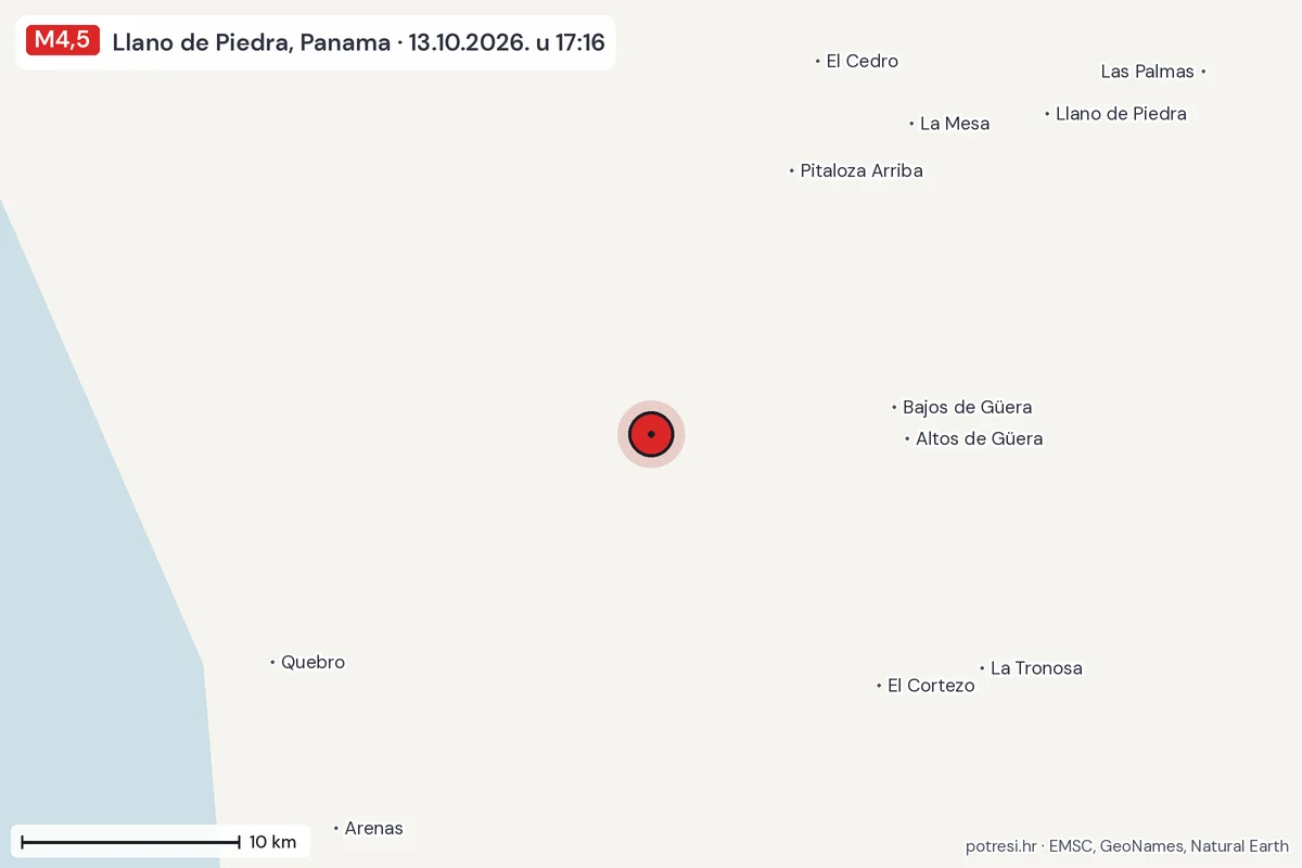 Karta: okolica epicentra, 60 km, potres M4,5, Llano de Piedra, Panama, 13.10.2026.