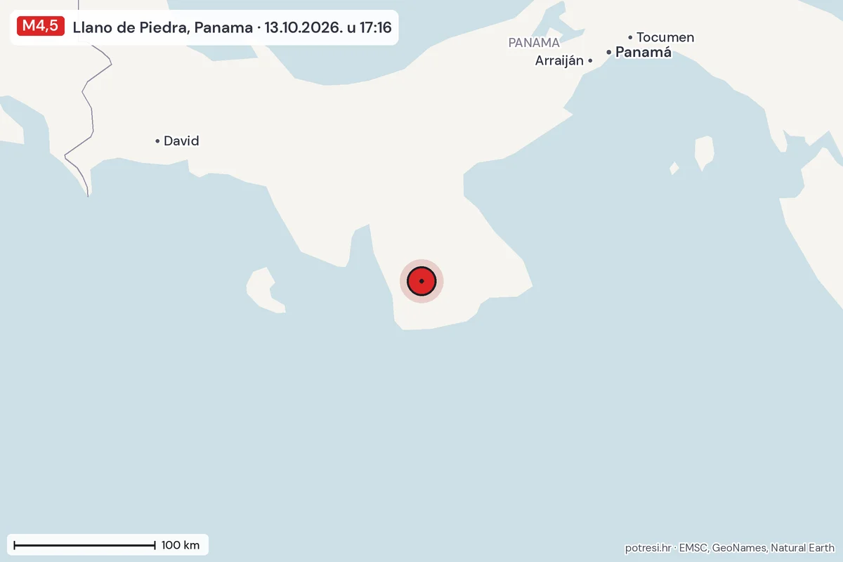 Karta: šire područje, 600 km, potres M4,5, Llano de Piedra, Panama, 13.10.2026.
