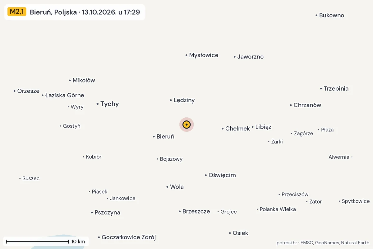 Karta: okolica epicentra, 60 km, potres M2,1, Bieruń, Poljska, 13.10.2026.