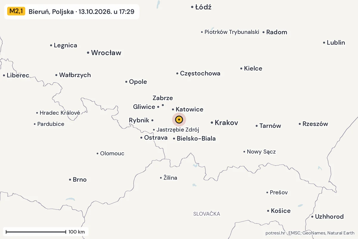 Karta: šire područje, 600 km, potres M2,1, Bieruń, Poljska, 13.10.2026.