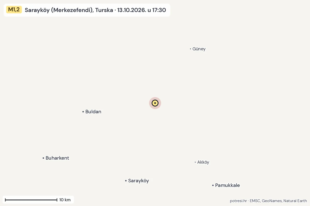 Karta: okolica epicentra, 60 km, potres M1,2, Sarayköy (Merkezefendi), Turska, 13.10.2026.