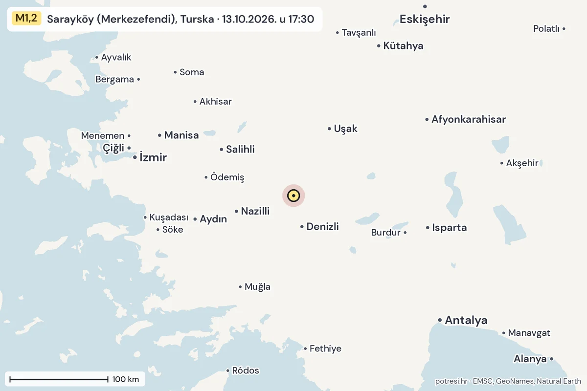 Karta: šire područje, 600 km, potres M1,2, Sarayköy (Merkezefendi), Turska, 13.10.2026.
