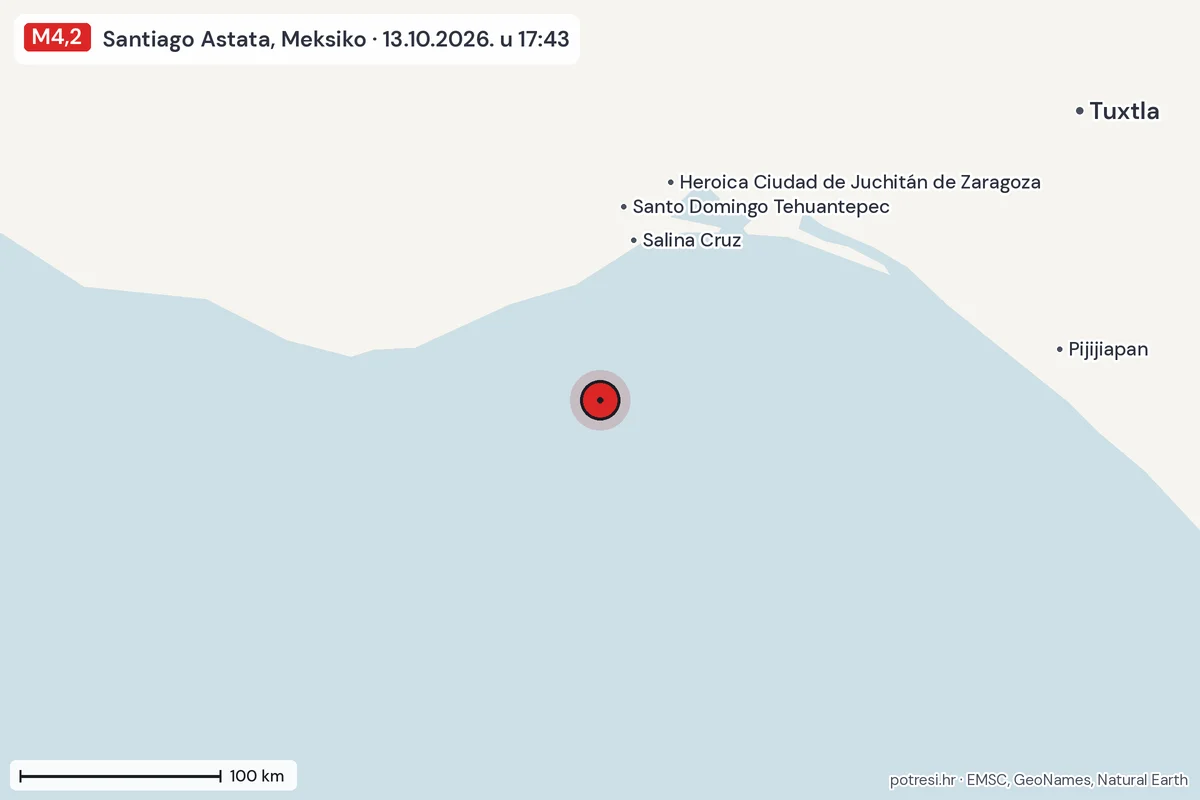 Karta: šire područje, 600 km, potres M4,2, Santiago Astata, Meksiko, 13.10.2026.