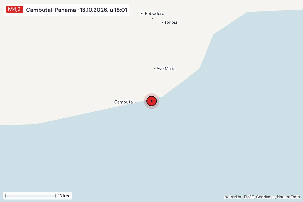 Karta: okolica epicentra, 60 km, potres M4,3, Cambutal, Panama, 13.10.2026.