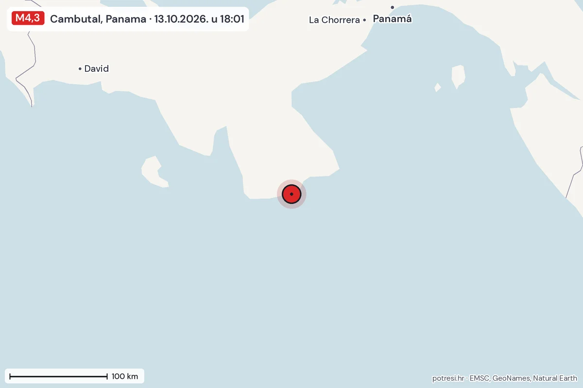 Karta: šire područje, 600 km, potres M4,3, Cambutal, Panama, 13.10.2026.