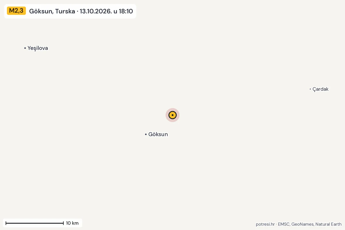 Karta: okolica epicentra, 60 km, potres M2,3, Göksun, Turska, 13.10.2026.