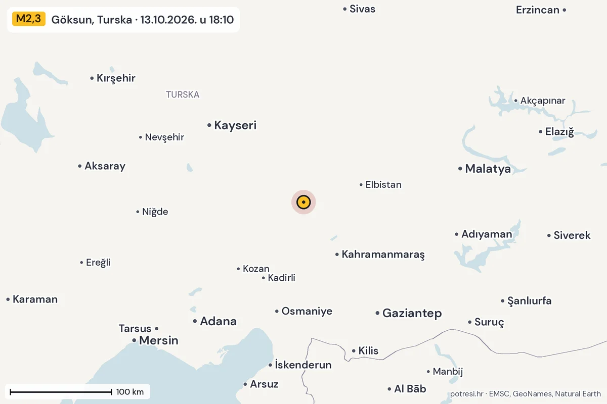 Karta: šire područje, 600 km, potres M2,3, Göksun, Turska, 13.10.2026.