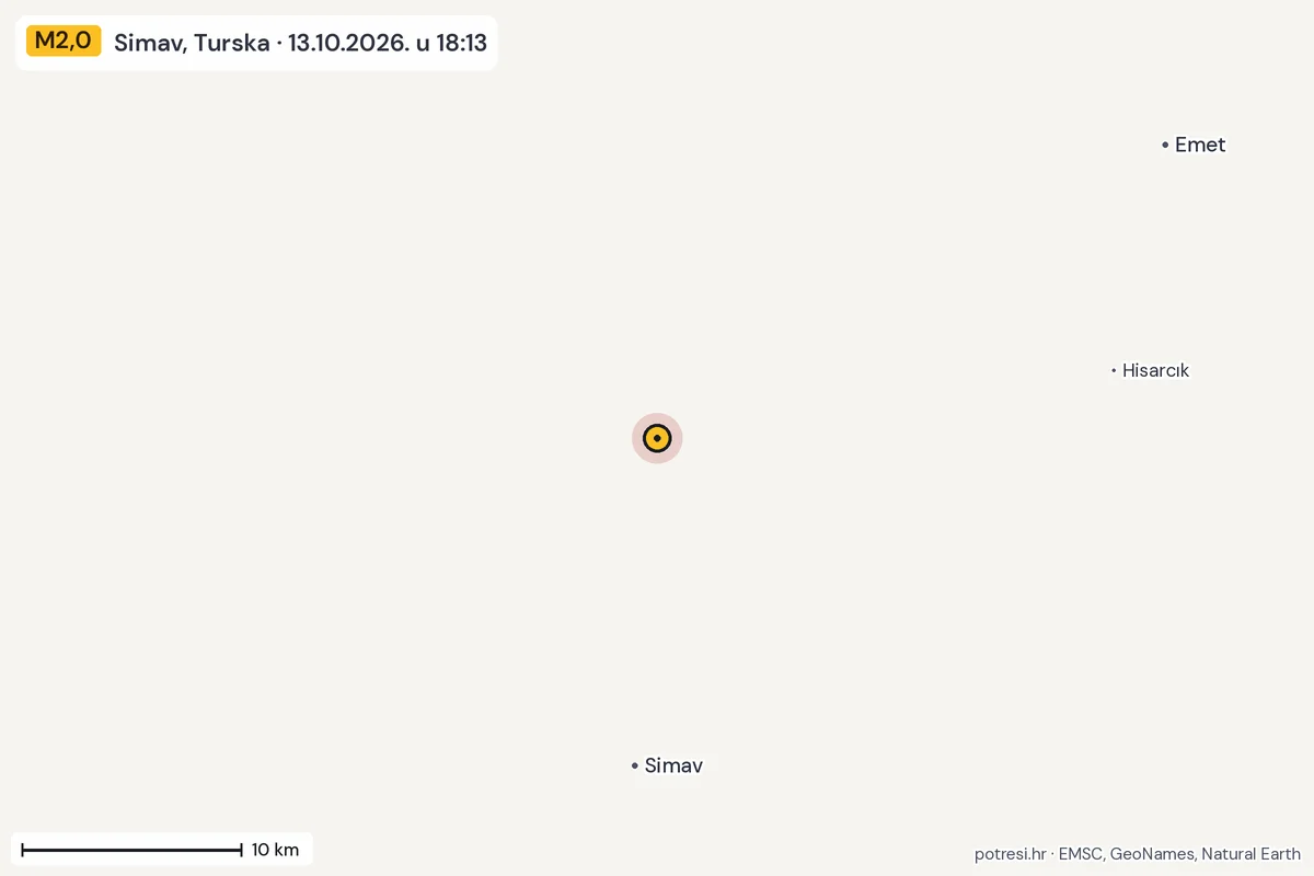 Karta: okolica epicentra, 60 km, potres M2,0, Simav, Turska, 13.10.2026.