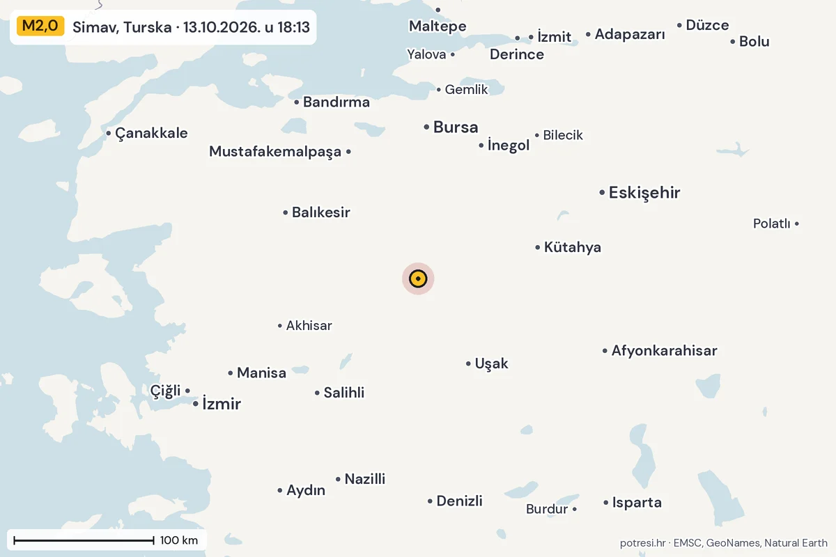 Karta: šire područje, 600 km, potres M2,0, Simav, Turska, 13.10.2026.