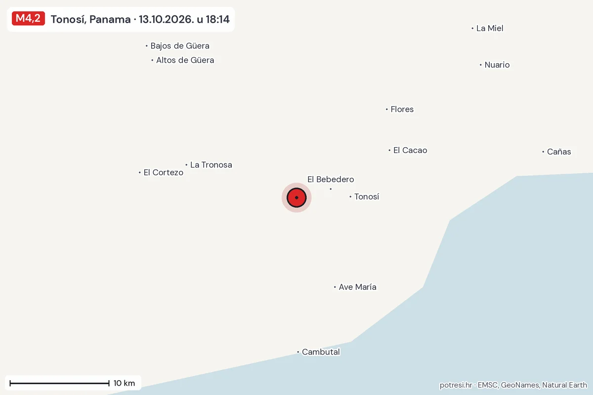 Karta: okolica epicentra, 60 km, potres M4,2, Tonosí, Panama, 13.10.2026.