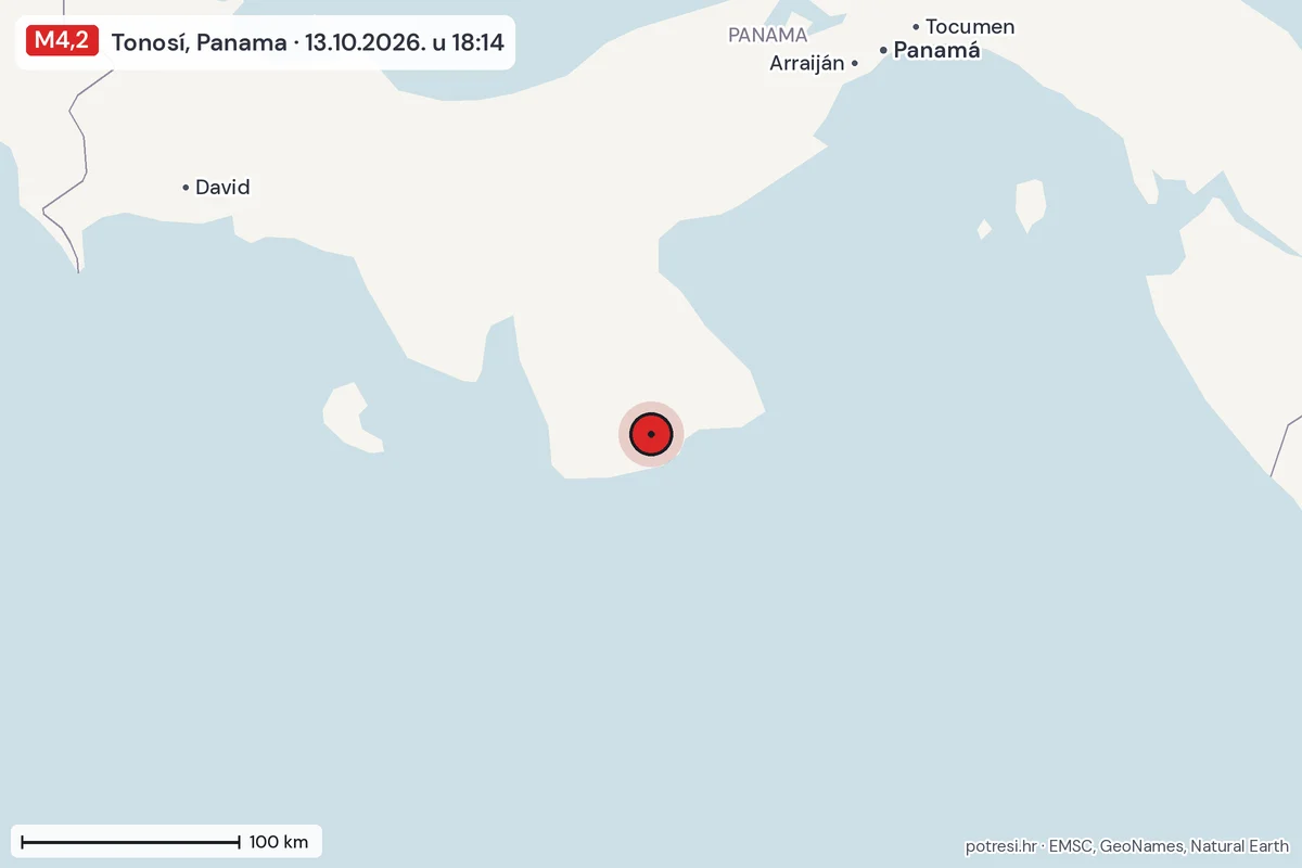 Karta: šire područje, 600 km, potres M4,2, Tonosí, Panama, 13.10.2026.