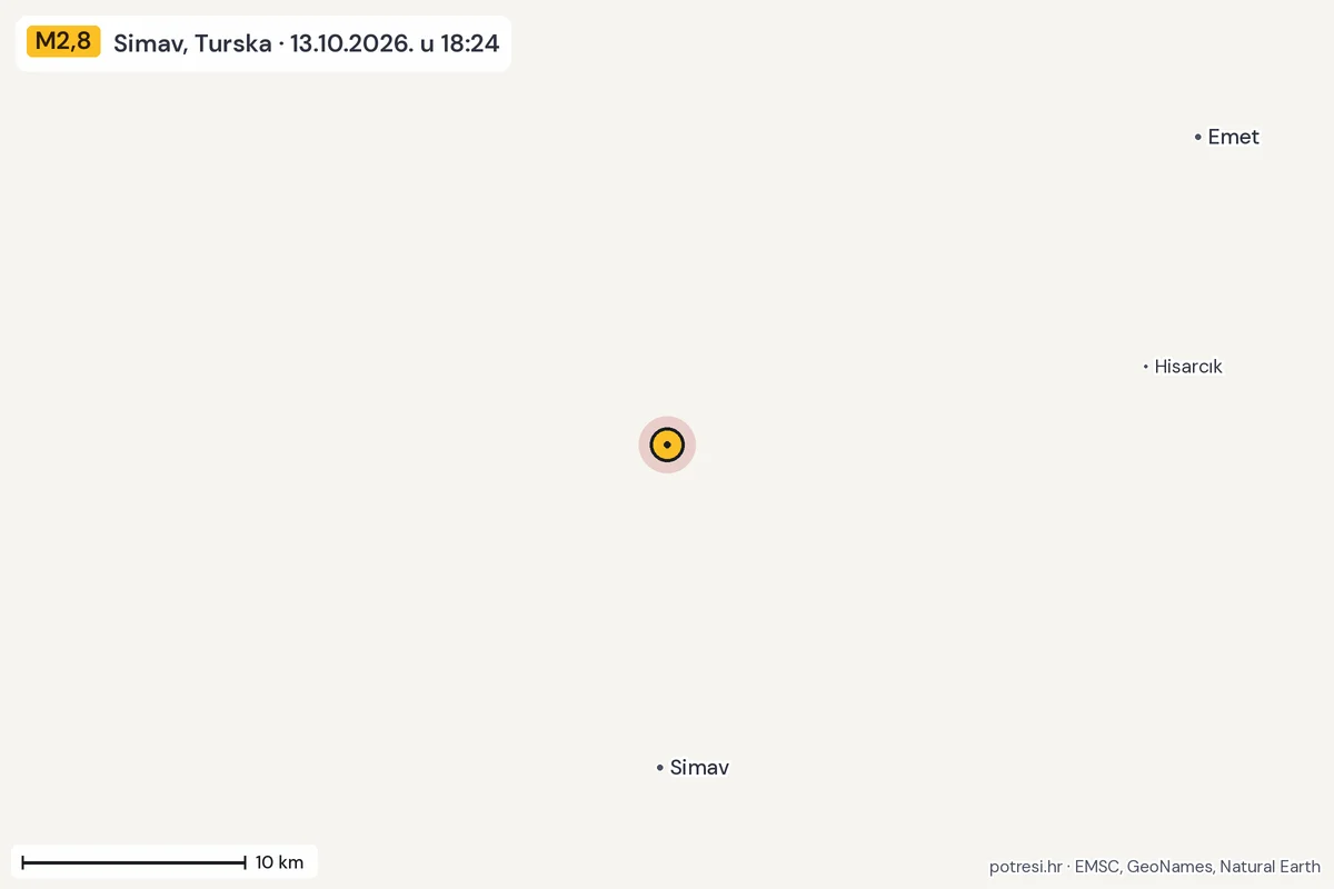 Karta: okolica epicentra, 60 km, potres M2,8, Simav, Turska, 13.10.2026.