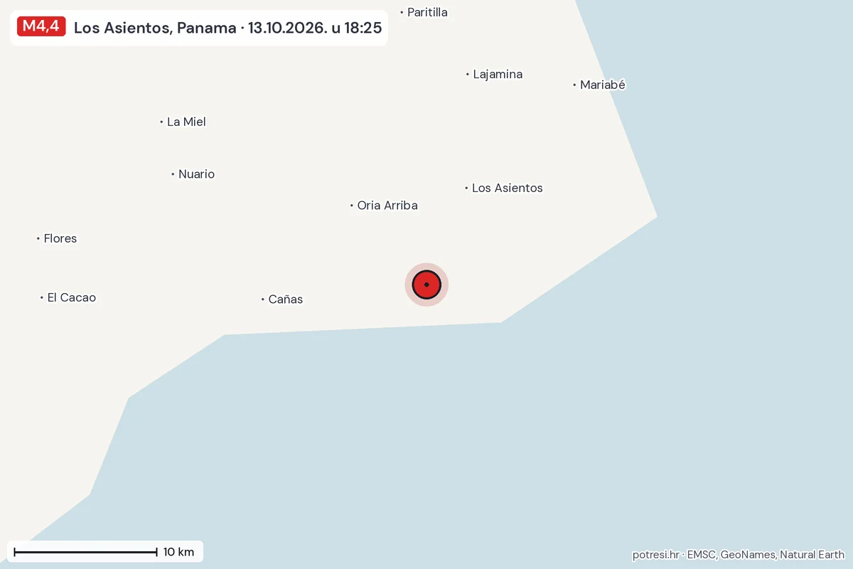 Karta: okolica epicentra, 60 km, potres M4,4, Los Asientos, Panama, 13.10.2026.