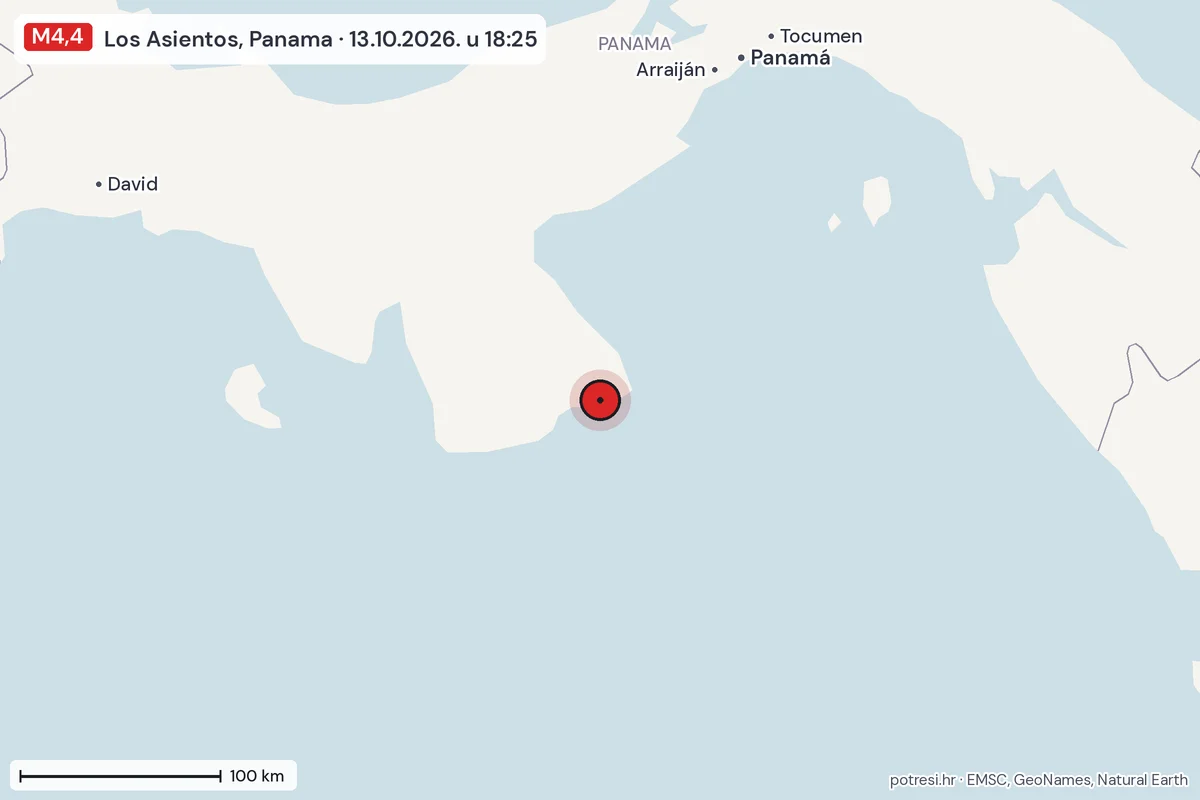 Karta: šire područje, 600 km, potres M4,4, Los Asientos, Panama, 13.10.2026.
