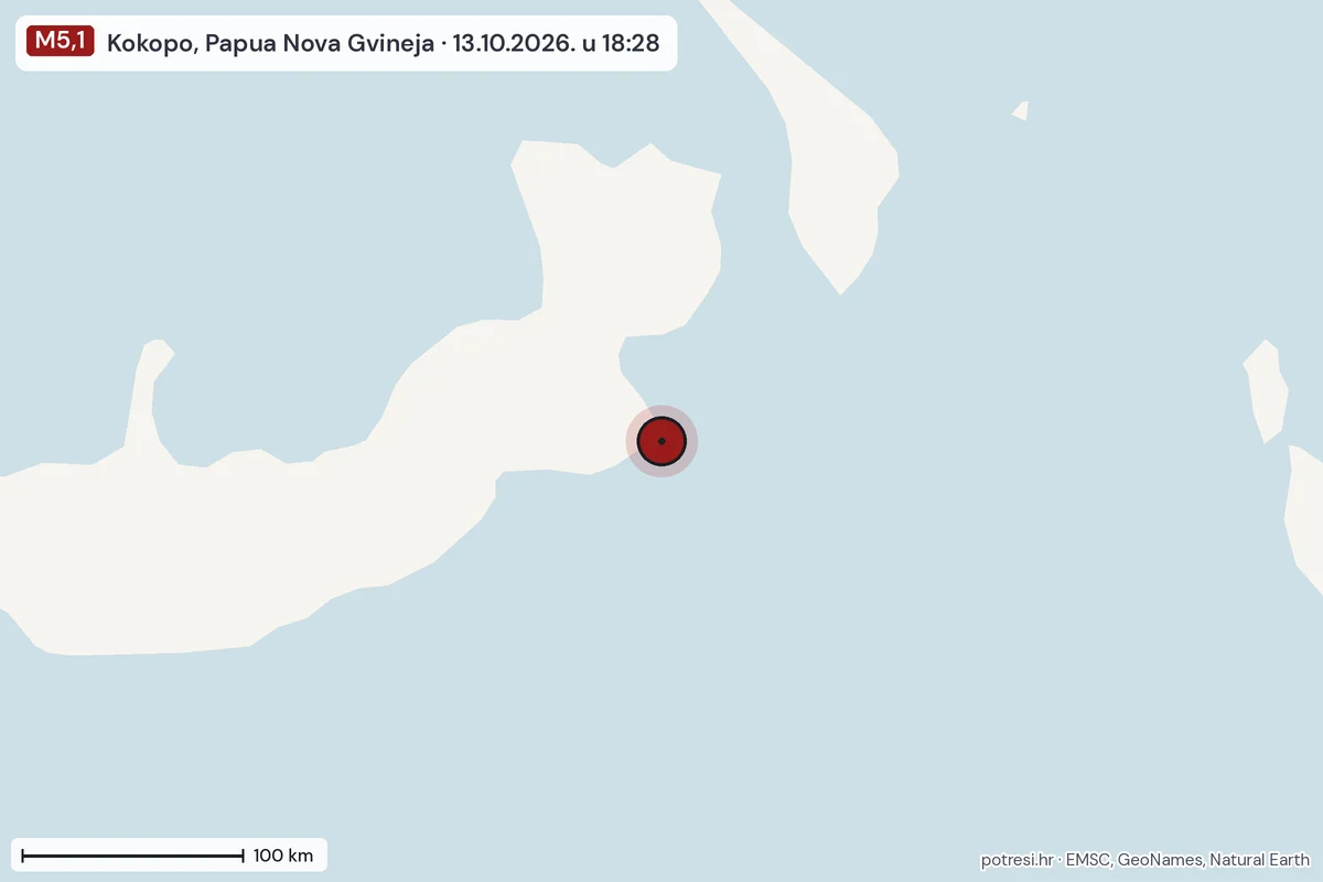 Karta: šire područje, 600 km, potres M5,1, Kokopo, Papua Nova Gvineja, 13.10.2026.