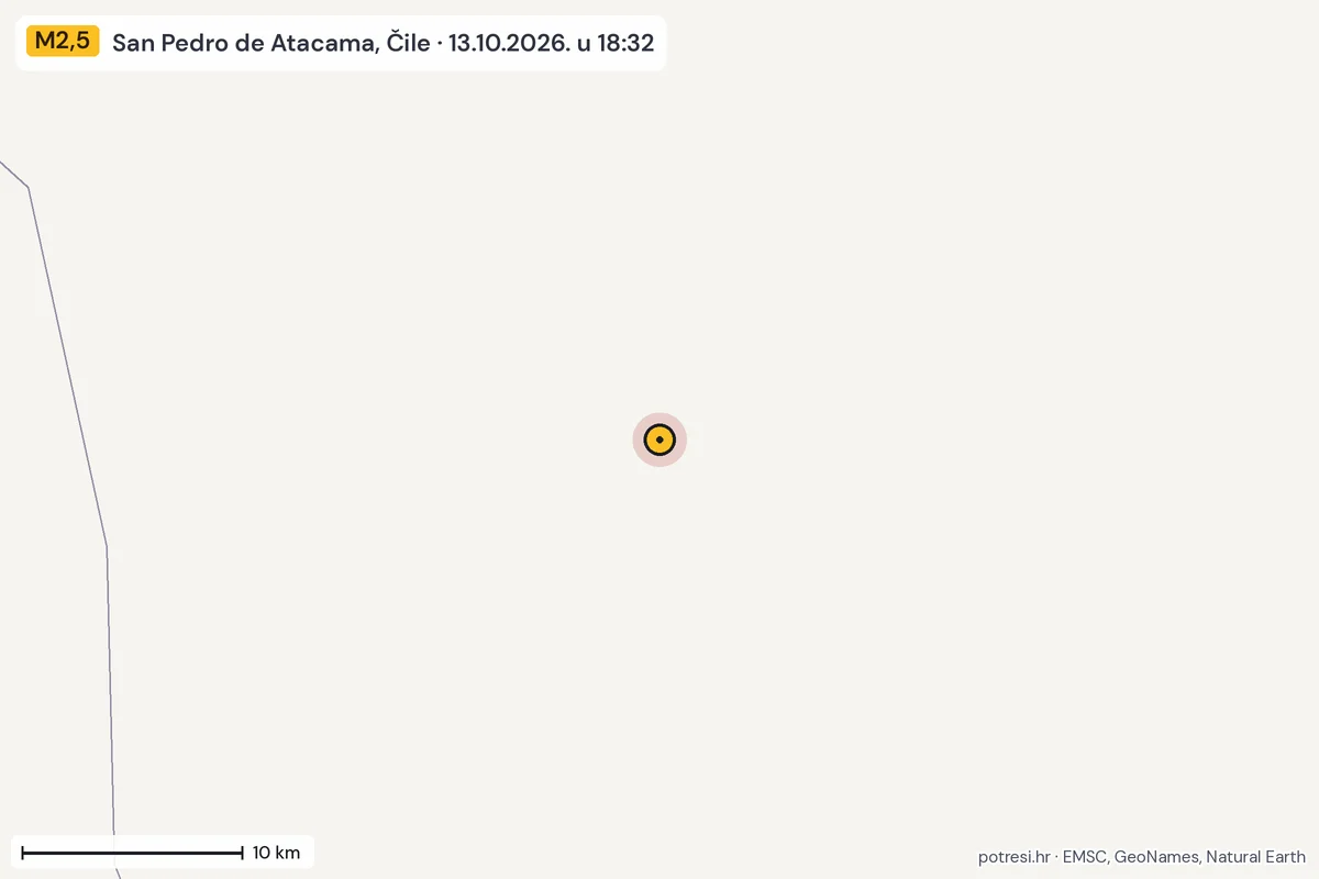 Karta: okolica epicentra, 60 km, potres M2,5, San Pedro de Atacama, Čile, 13.10.2026.
