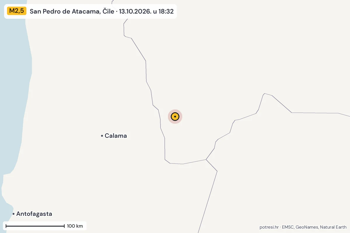 Karta: šire područje, 600 km, potres M2,5, San Pedro de Atacama, Čile, 13.10.2026.