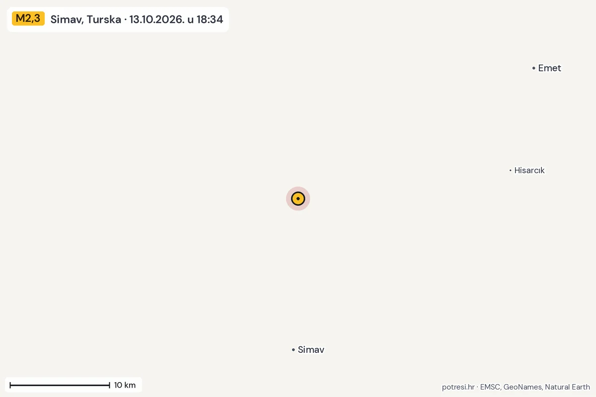 Karta: okolica epicentra, 60 km, potres M2,3, Simav, Turska, 13.10.2026.