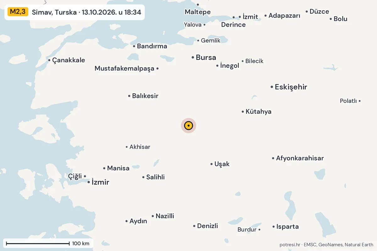 Karta: šire područje, 600 km, potres M2,3, Simav, Turska, 13.10.2026.