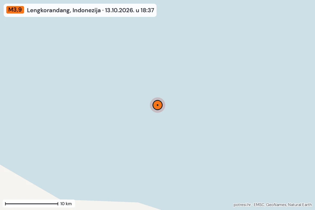 Karta: okolica epicentra, 60 km, potres M3,9, Lengkorandang, Indonezija, 13.10.2026.