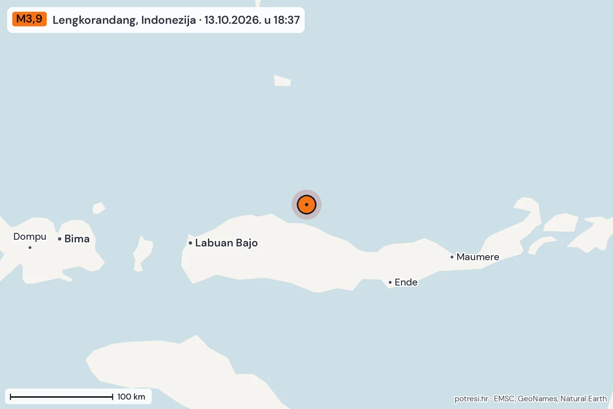 Karta: šire područje, 600 km, potres M3,9, Lengkorandang, Indonezija, 13.10.2026.