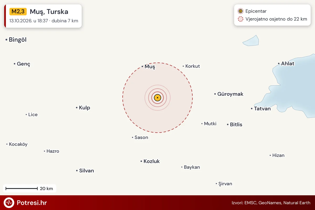Karta: šire područje i vjerojatni doseg osjeta, potres M2,3, Muş, Turska, 13.10.2026.