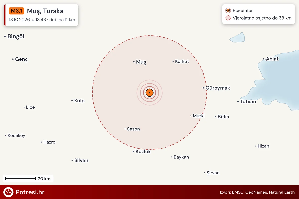 Karta: šire područje i vjerojatni doseg osjeta, potres M3,1, Muş, Turska, 13.10.2026.