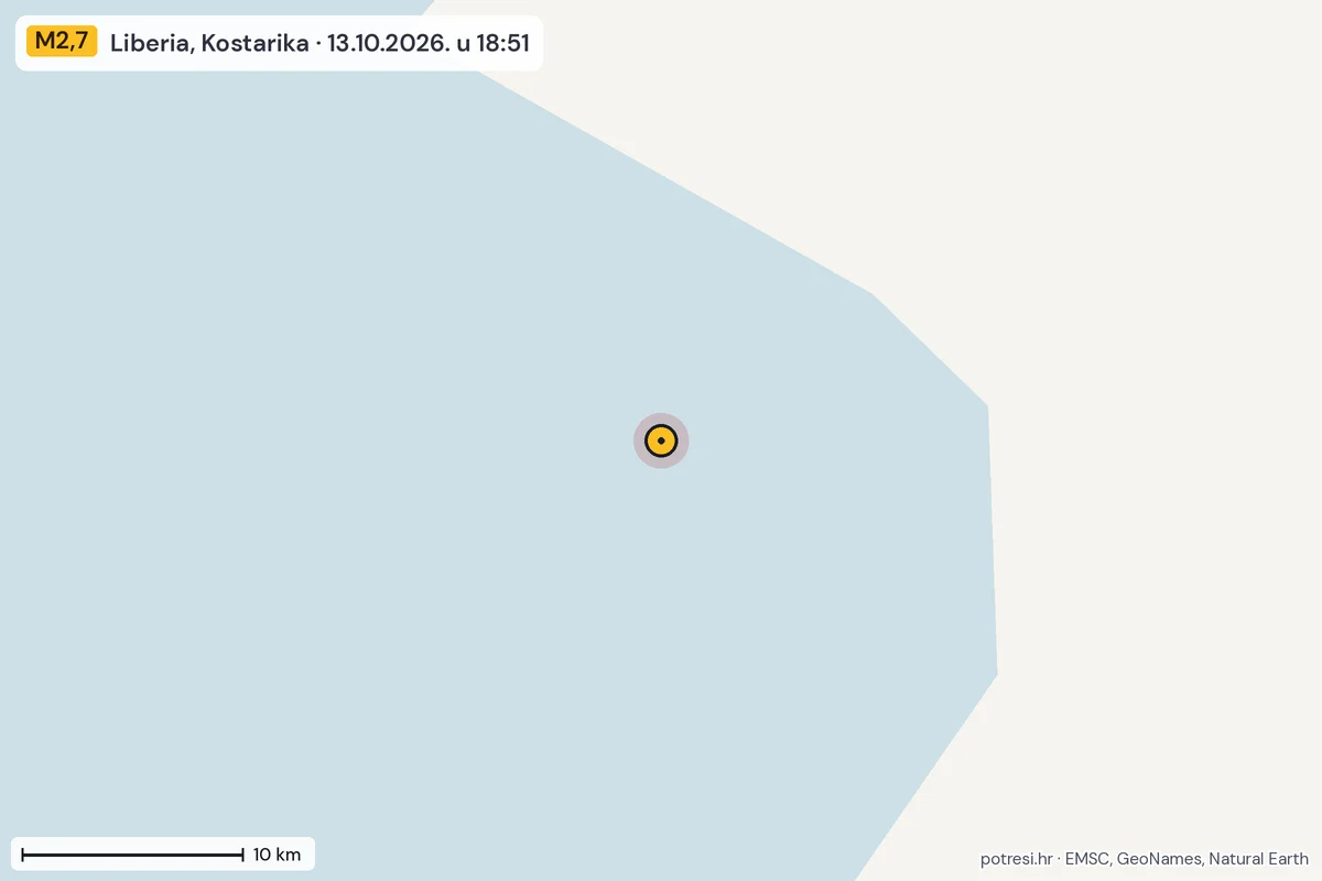 Karta: okolica epicentra, 60 km, potres M2,7, Liberia, Kostarika, 13.10.2026.
