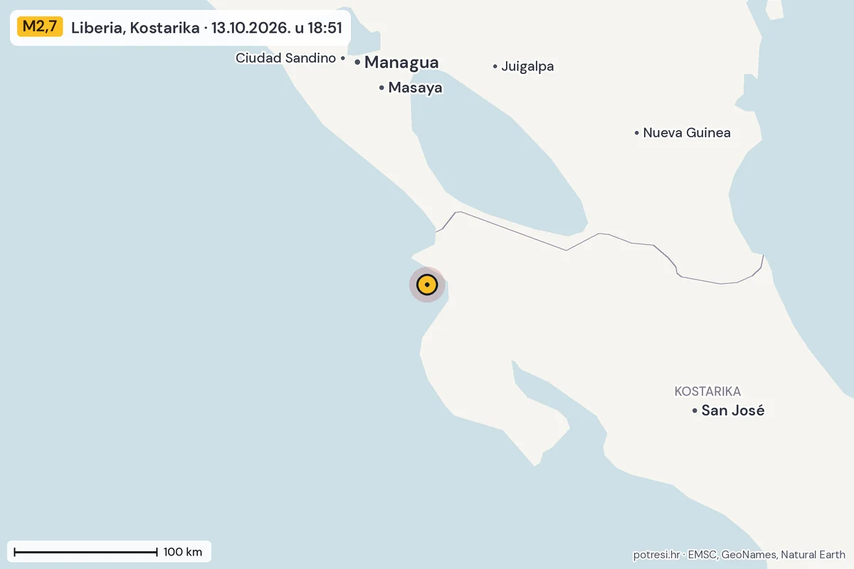 Karta: šire područje, 600 km, potres M2,7, Liberia, Kostarika, 13.10.2026.