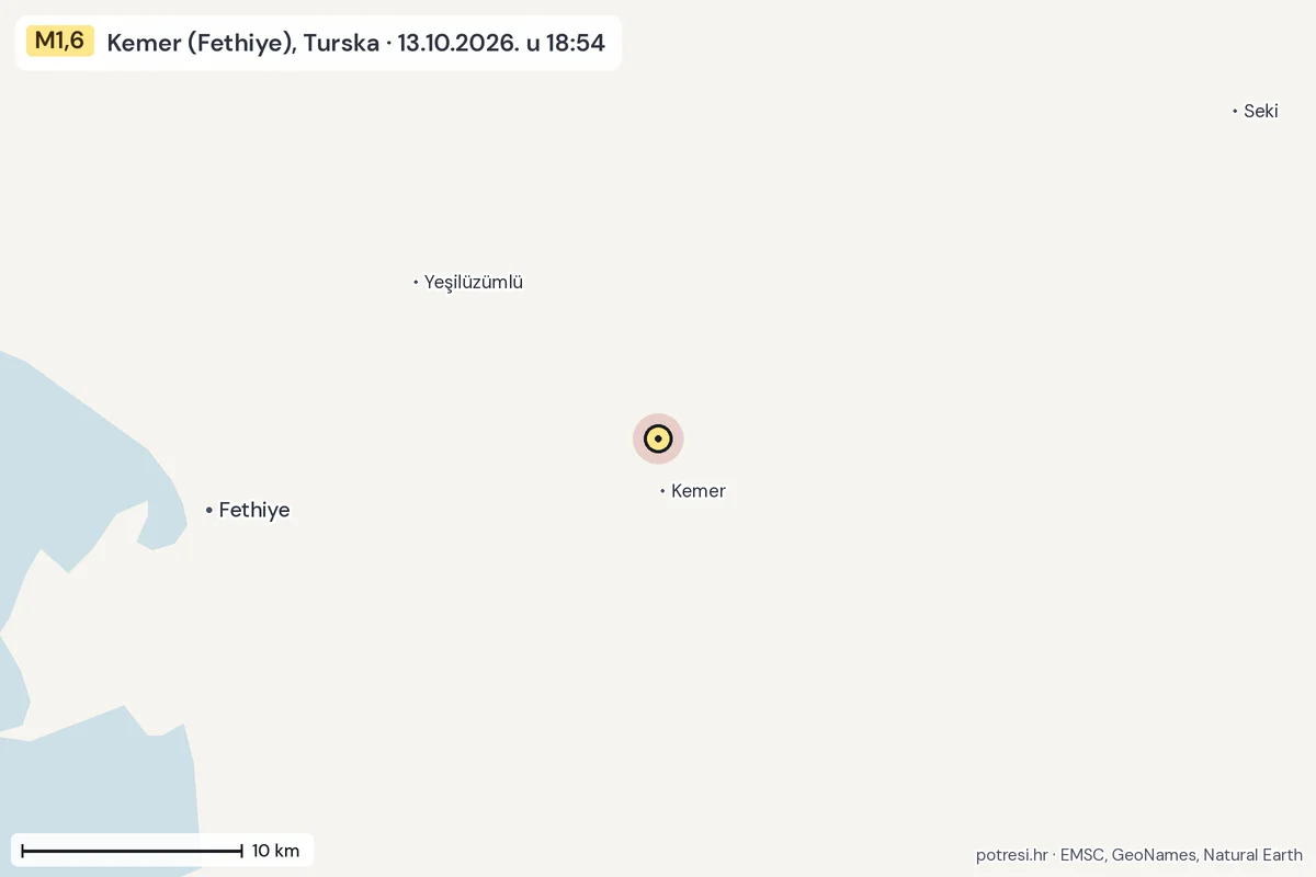 Karta: okolica epicentra, 60 km, potres M1,6, Kemer (Fethiye), Turska, 13.10.2026.