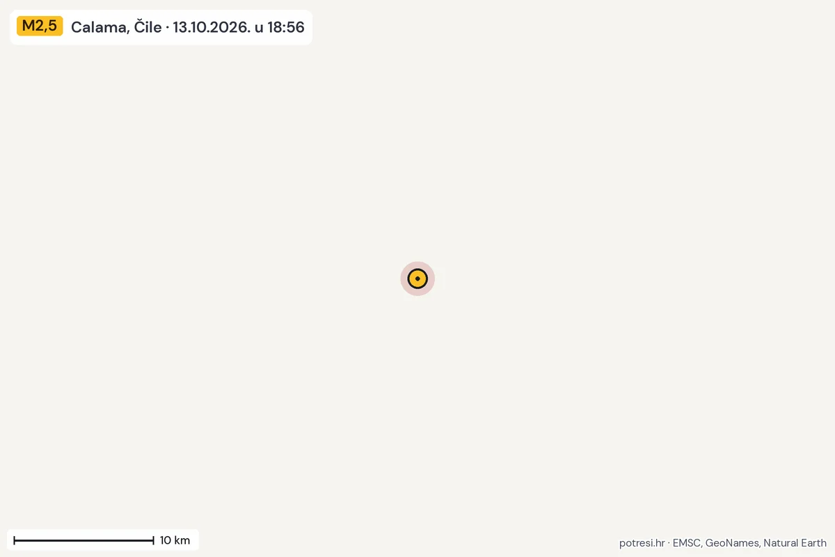 Karta: okolica epicentra, 60 km, potres M2,5, Calama, Čile, 13.10.2026.