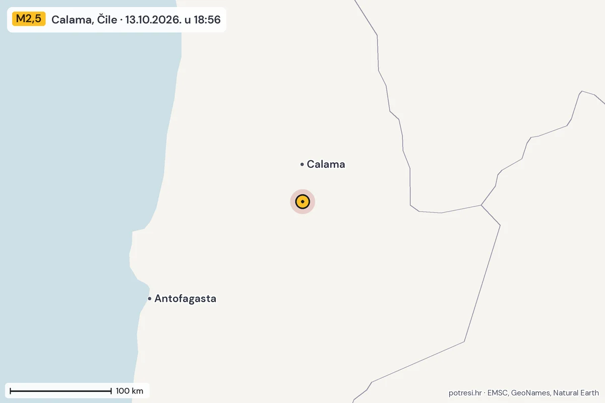 Karta: šire područje, 600 km, potres M2,5, Calama, Čile, 13.10.2026.