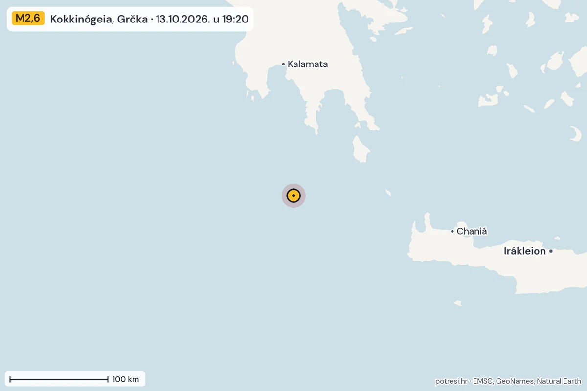Karta: šire područje, 600 km, potres M2,6, Kokkinógeia, Grčka, 13.10.2026.