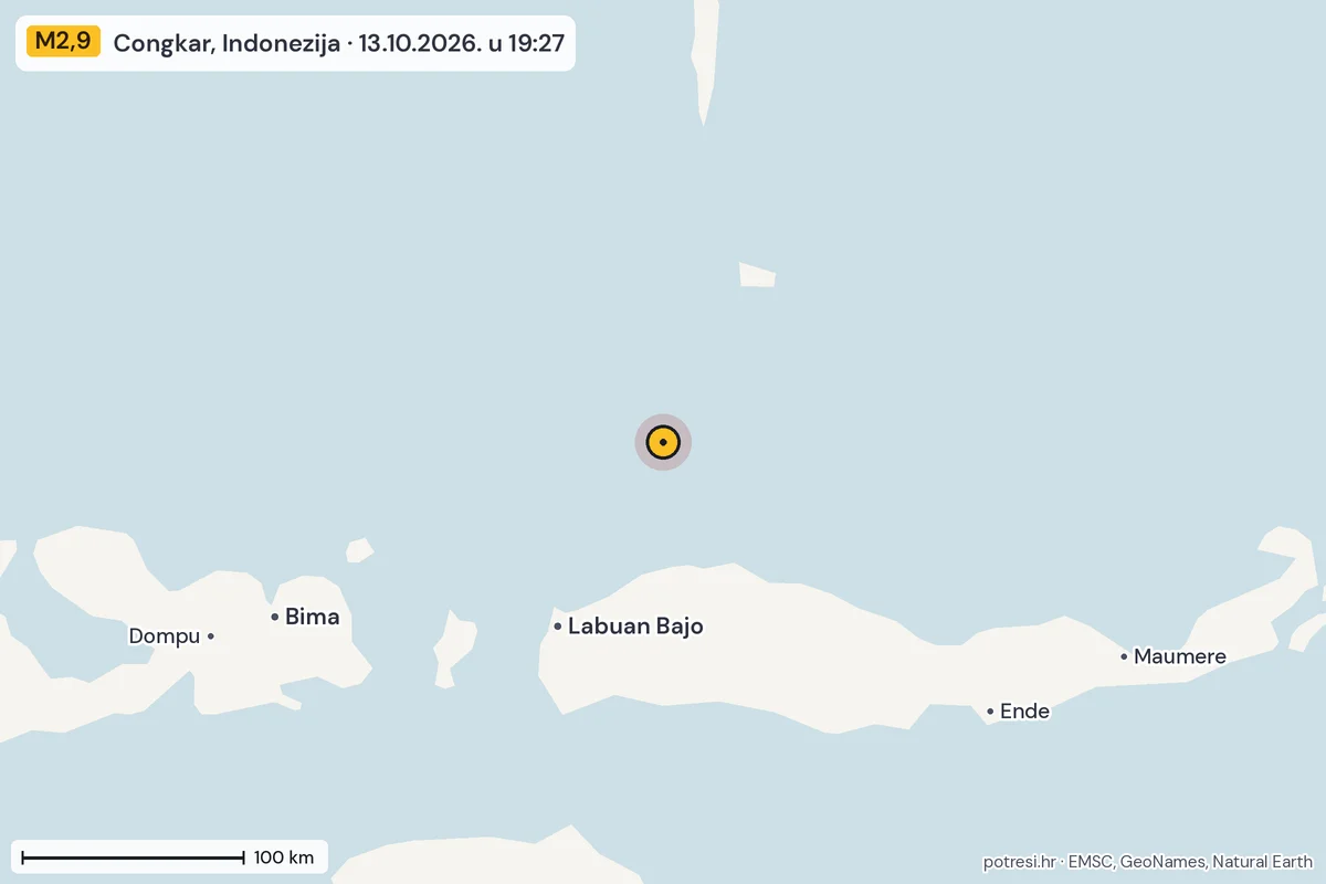 Karta: šire područje, 600 km, potres M2,9, Congkar, Indonezija, 13.10.2026.