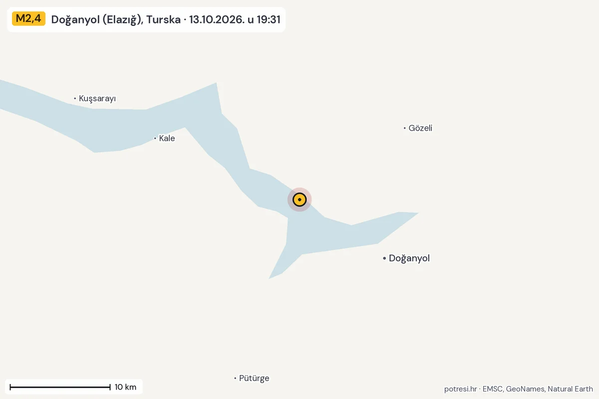 Karta: okolica epicentra, 60 km, potres M2,4, Doğanyol (Elazığ), Turska, 13.10.2026.