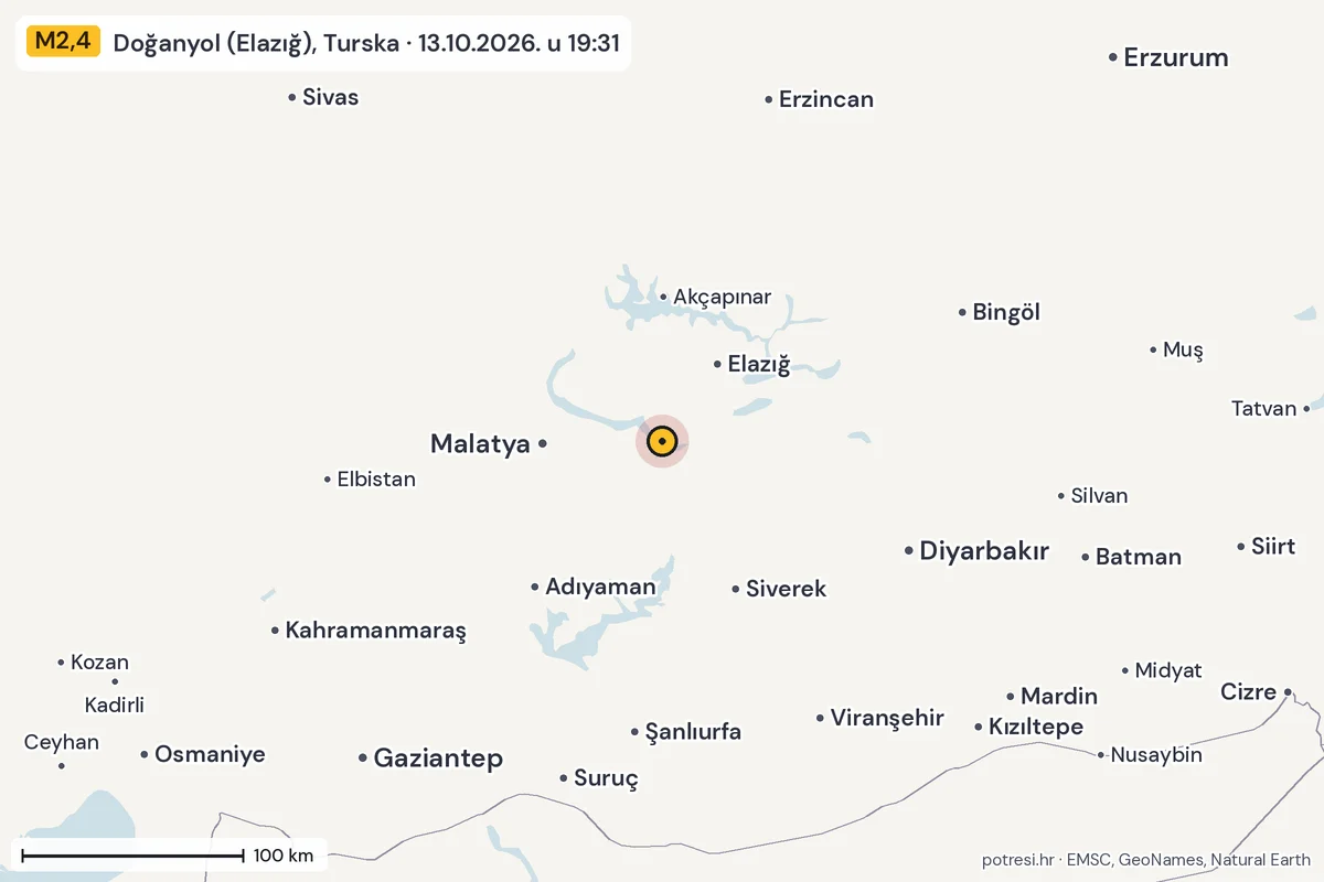 Karta: šire područje, 600 km, potres M2,4, Doğanyol (Elazığ), Turska, 13.10.2026.