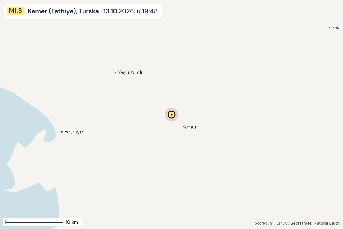 Karta: okolica epicentra, 60 km, potres M1,8, Kemer (Fethiye), Turska, 13.10.2026.