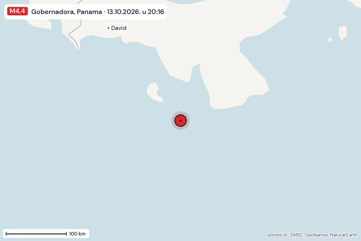 Karta: šire područje, 600 km, potres M4,4, Gobernadora, Panama, 13.10.2026.