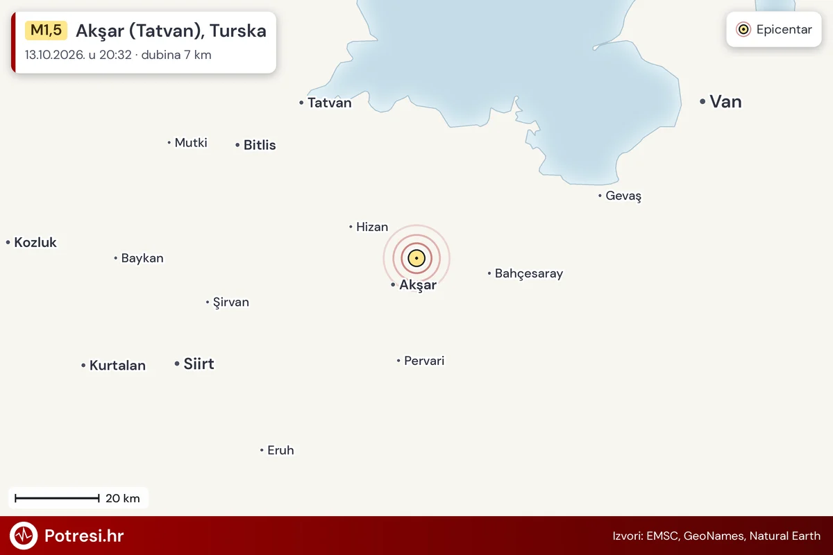 Karta: šire područje i vjerojatni doseg osjeta, potres M1,5, Akşar (Tatvan), Turska, 13.10.2026.