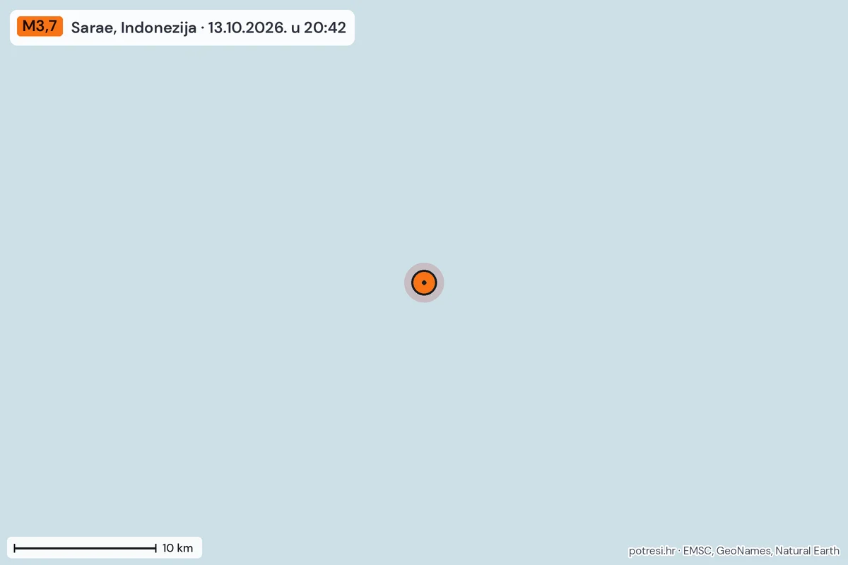 Karta: okolica epicentra, 60 km, potres M3,7, Sarae, Indonezija, 13.10.2026.